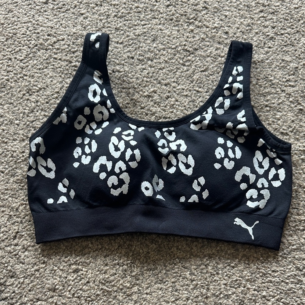 Puma Black Sports Bra with White Leopard Print